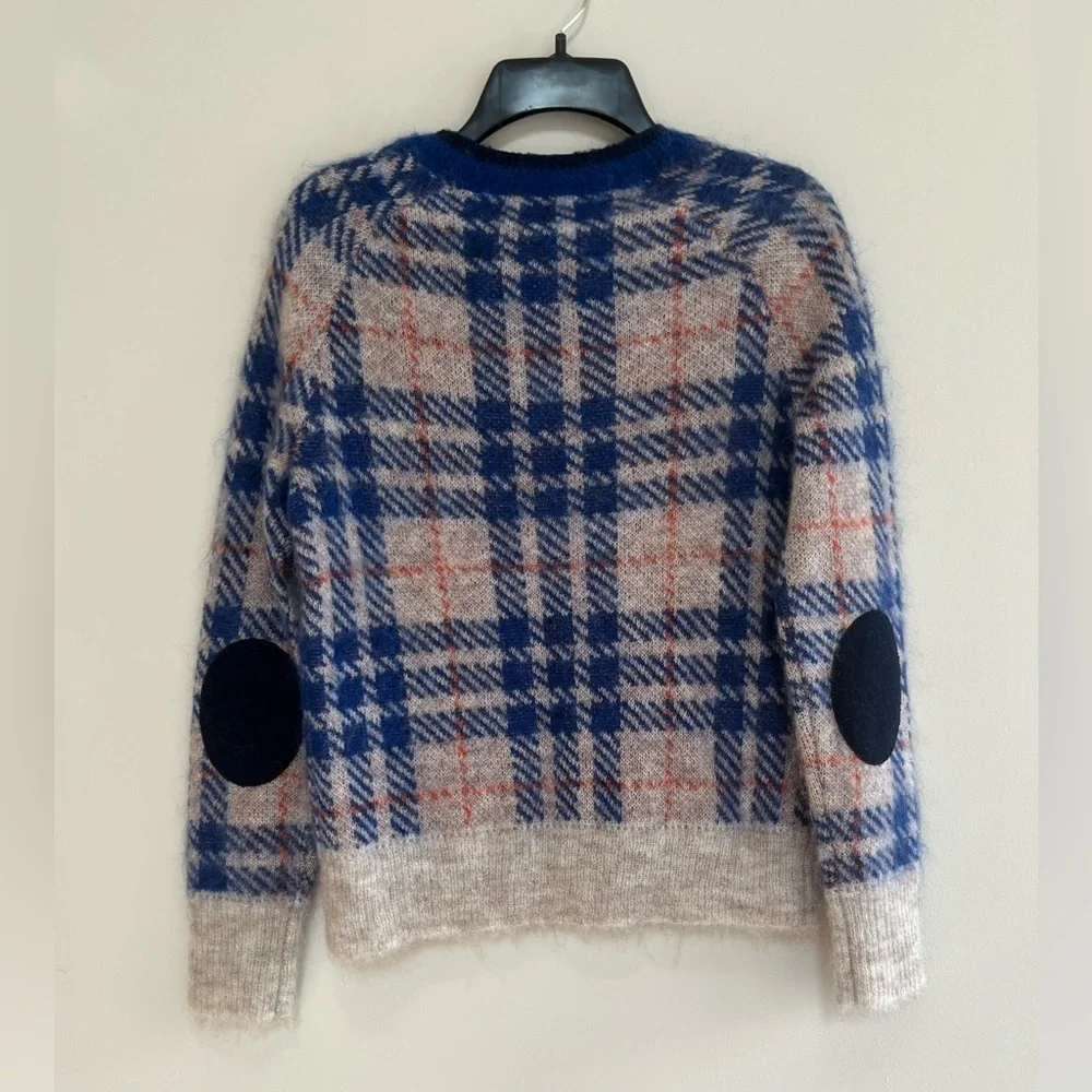 NWT J. Crew Brushed Wool/Mohair Blend Crewneck Plaid Sweater, Blue/Cream, XS - Picture 2 of 7